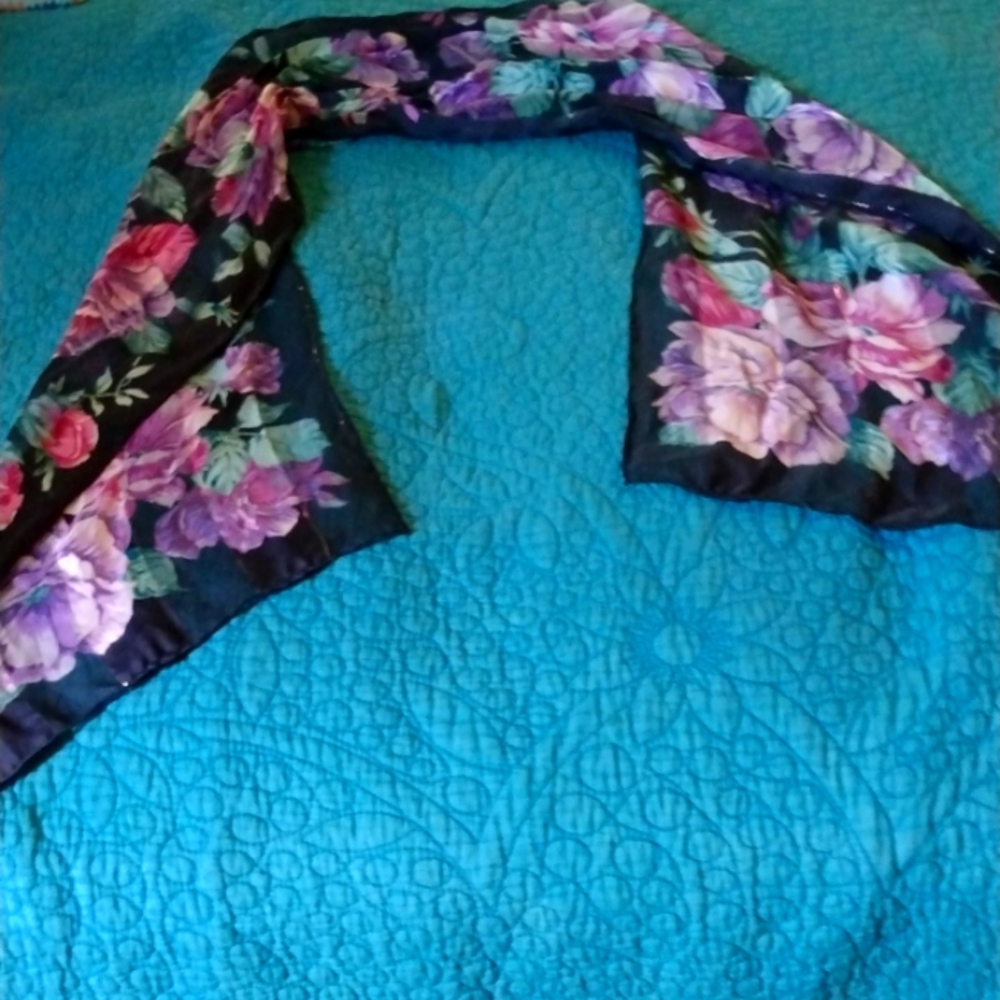 Floral Black Silk Scarf With Gold Stripes